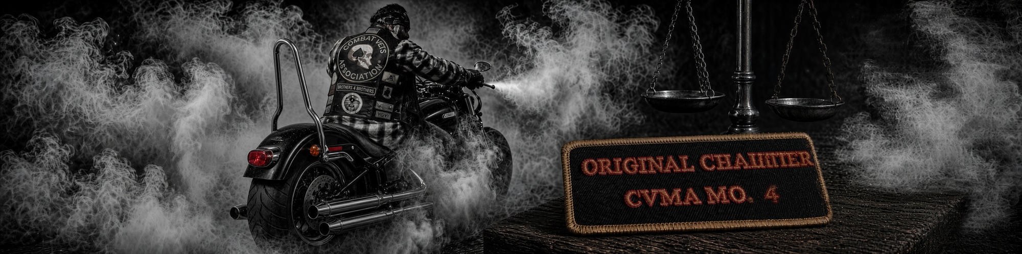 A CVMA member riding through smoke beside an Original Charter CVMA Mo. 4 patch and the scales of justice