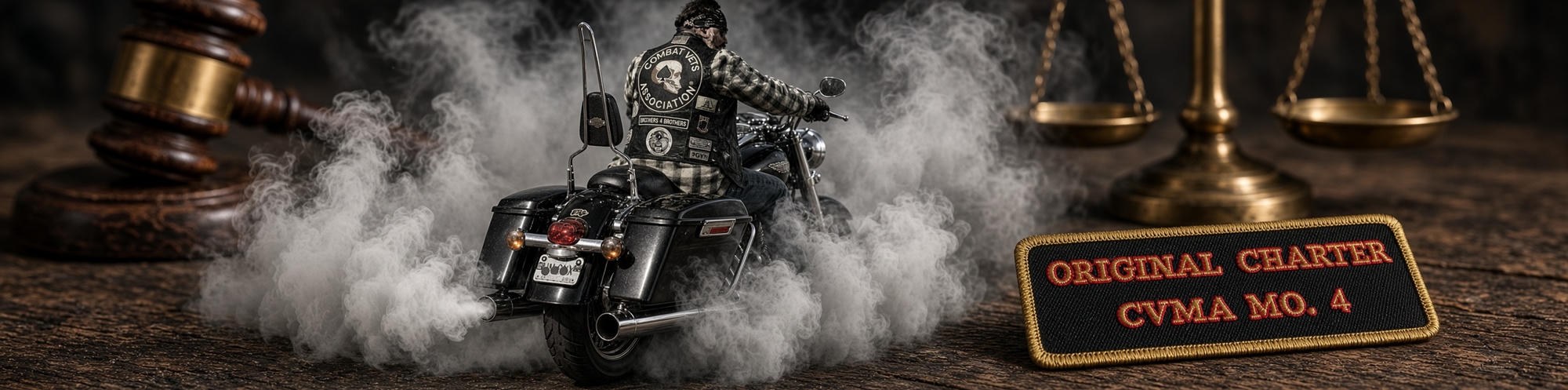 A CVMA member riding through smoke beside an Original Charter CVMA Mo. 4 patch and the scales of justice
