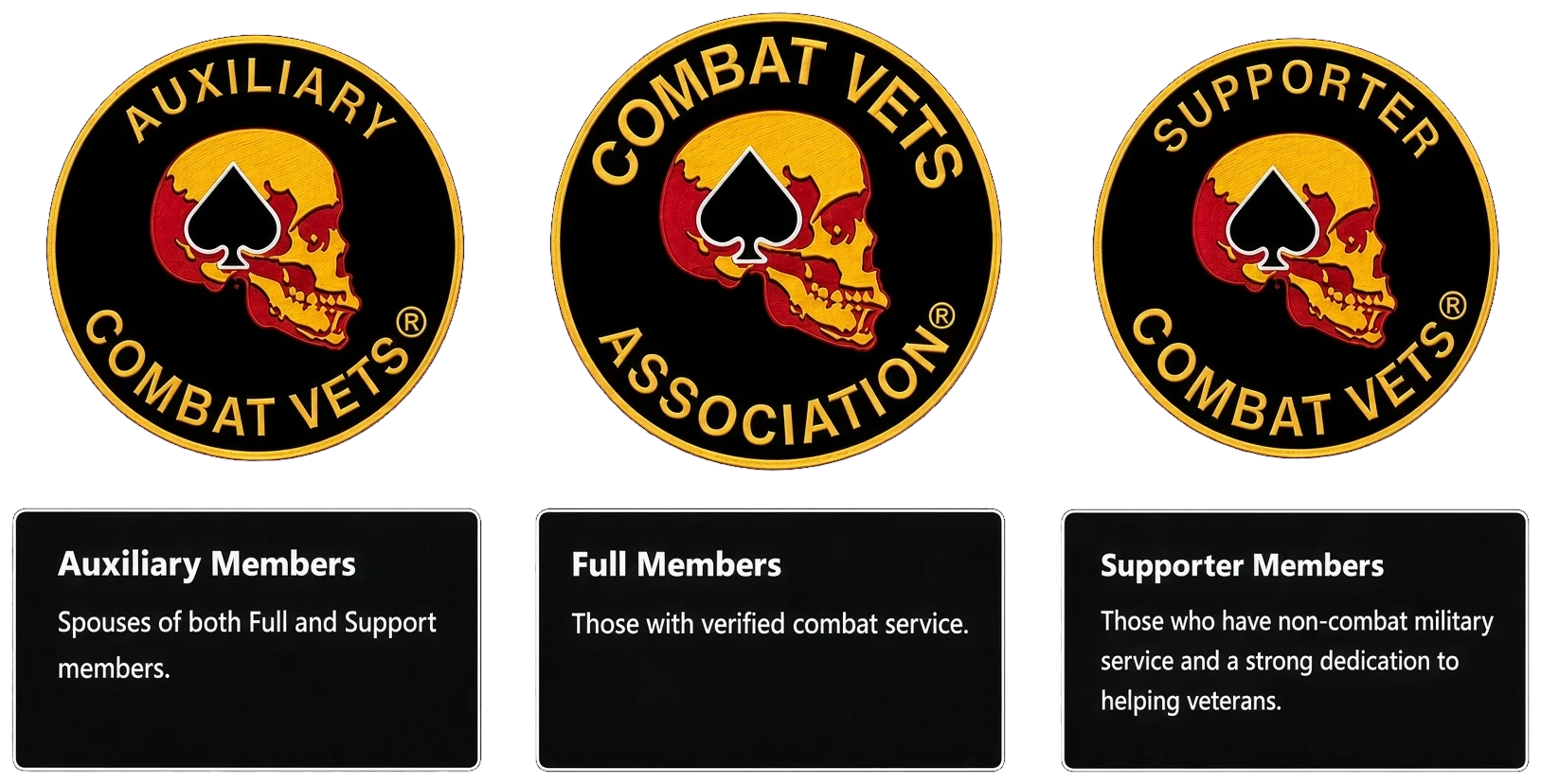 CVMA membership types: Auxiliary Members (spouses of Full and Supporter members), Full Members (verified combat service), Supporter Members (non-combat military service dedicated to helping veterans)